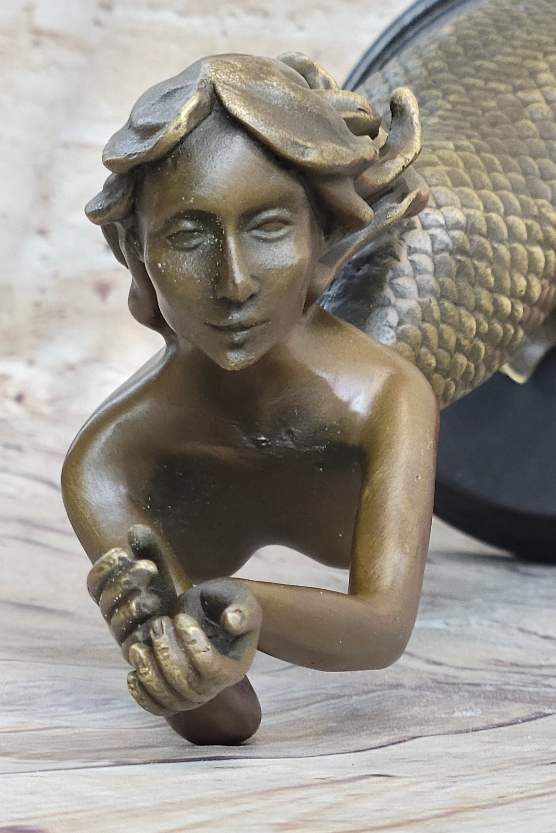 Signed Roche Nude Mythical Mermaid Bronze Sculpture Figure Art