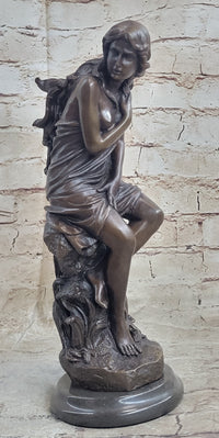 Signed French Roche Fair Maiden Bronze Sculpture Art Deco