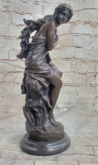 Signed French Roche Fair Maiden Bronze Sculpture Art Deco