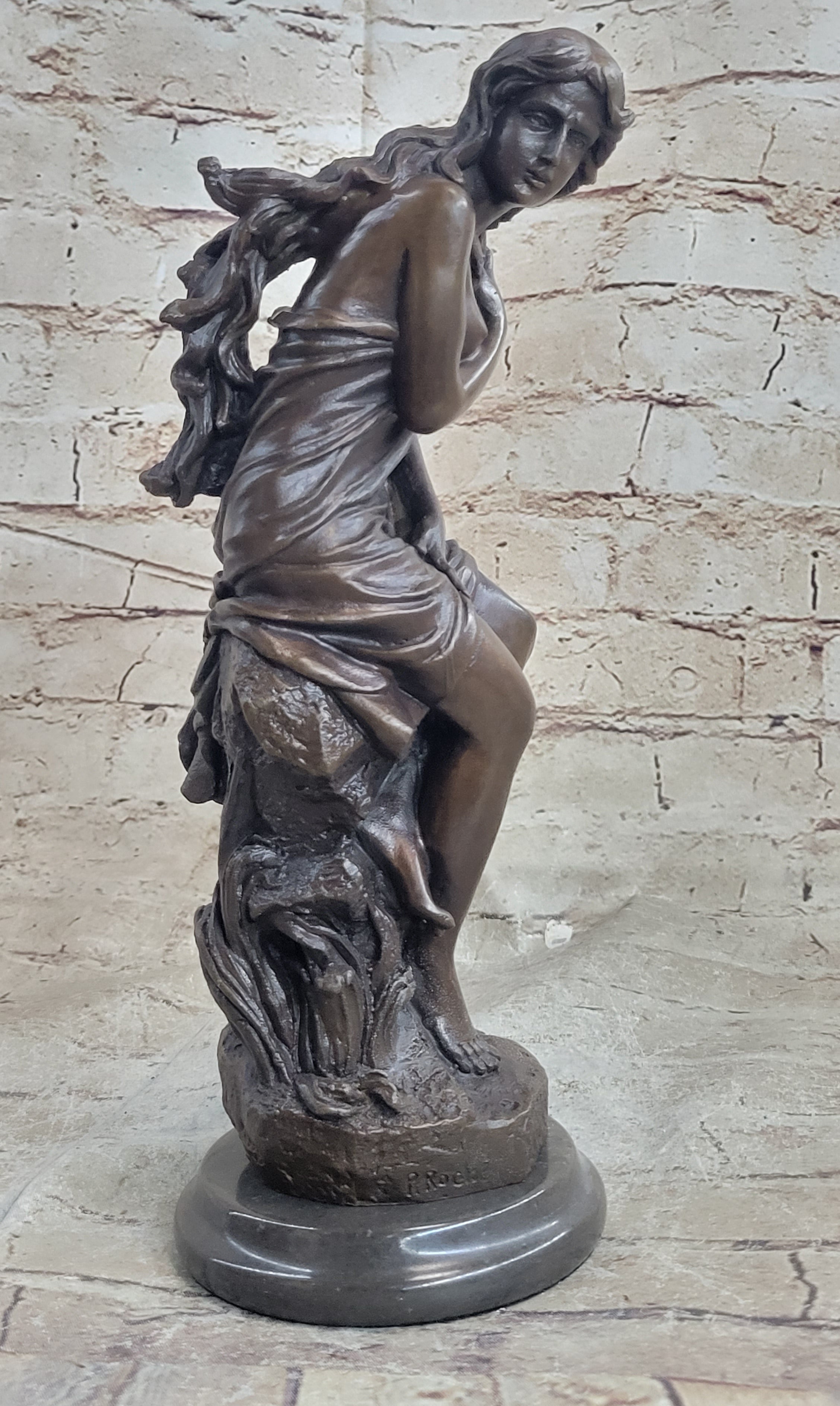 Signed French Roche Fair Maiden Bronze Sculpture Art Deco