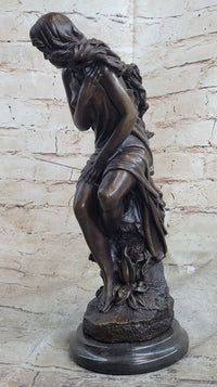 Signed French Roche Fair Maiden Bronze Sculpture Art Deco