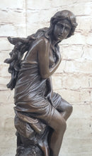 Signed French Roche Fair Maiden Bronze Sculpture Art Deco