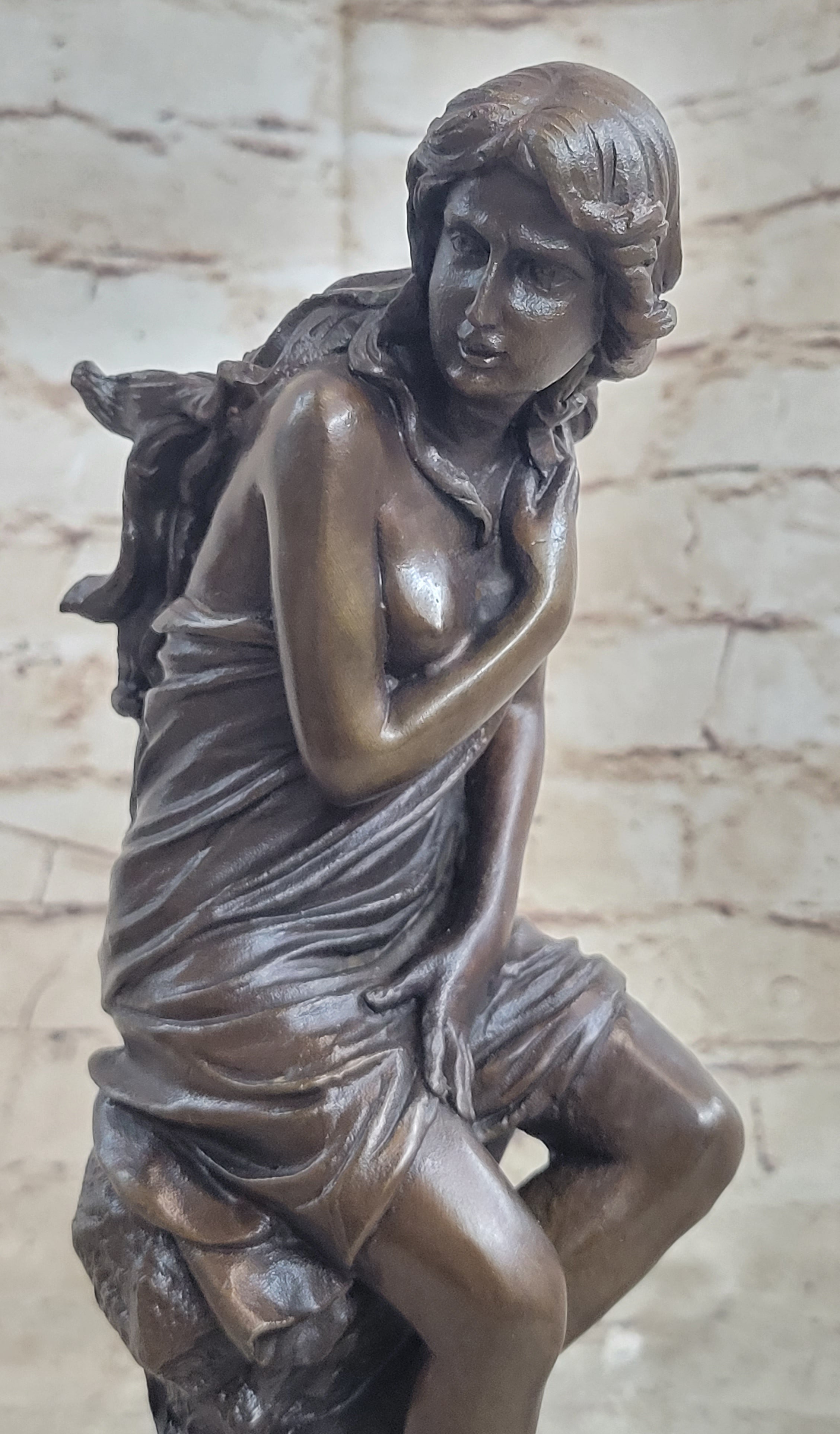 Signed French Roche Fair Maiden Bronze Sculpture Art Deco