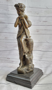 Semi Nude Female Greek Goddess Woman Holding Pickaxe Bronze Metal Statue Sculpture on Marble Base 16" x 5"