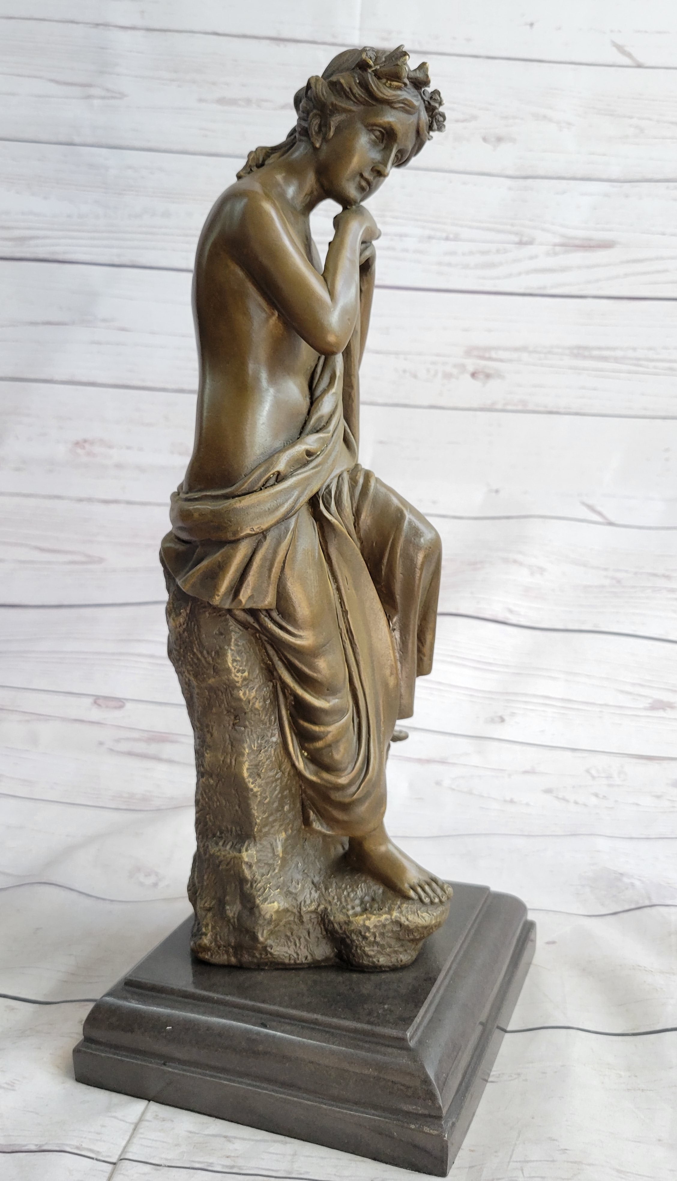 Semi Nude Female Greek Goddess Woman Holding Pickaxe Bronze Metal Statue Sculpture on Marble Base 16" x 5"