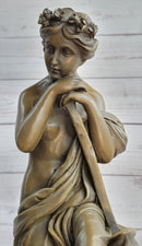 Semi Nude Female Greek Goddess Woman Holding Pickaxe Bronze Metal Statue Sculpture on Marble Base 16" x 5"