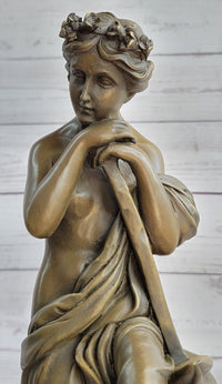 Semi Nude Female Greek Goddess Woman Holding Pickaxe Bronze Metal Statue Sculpture on Marble Base 16" x 5"