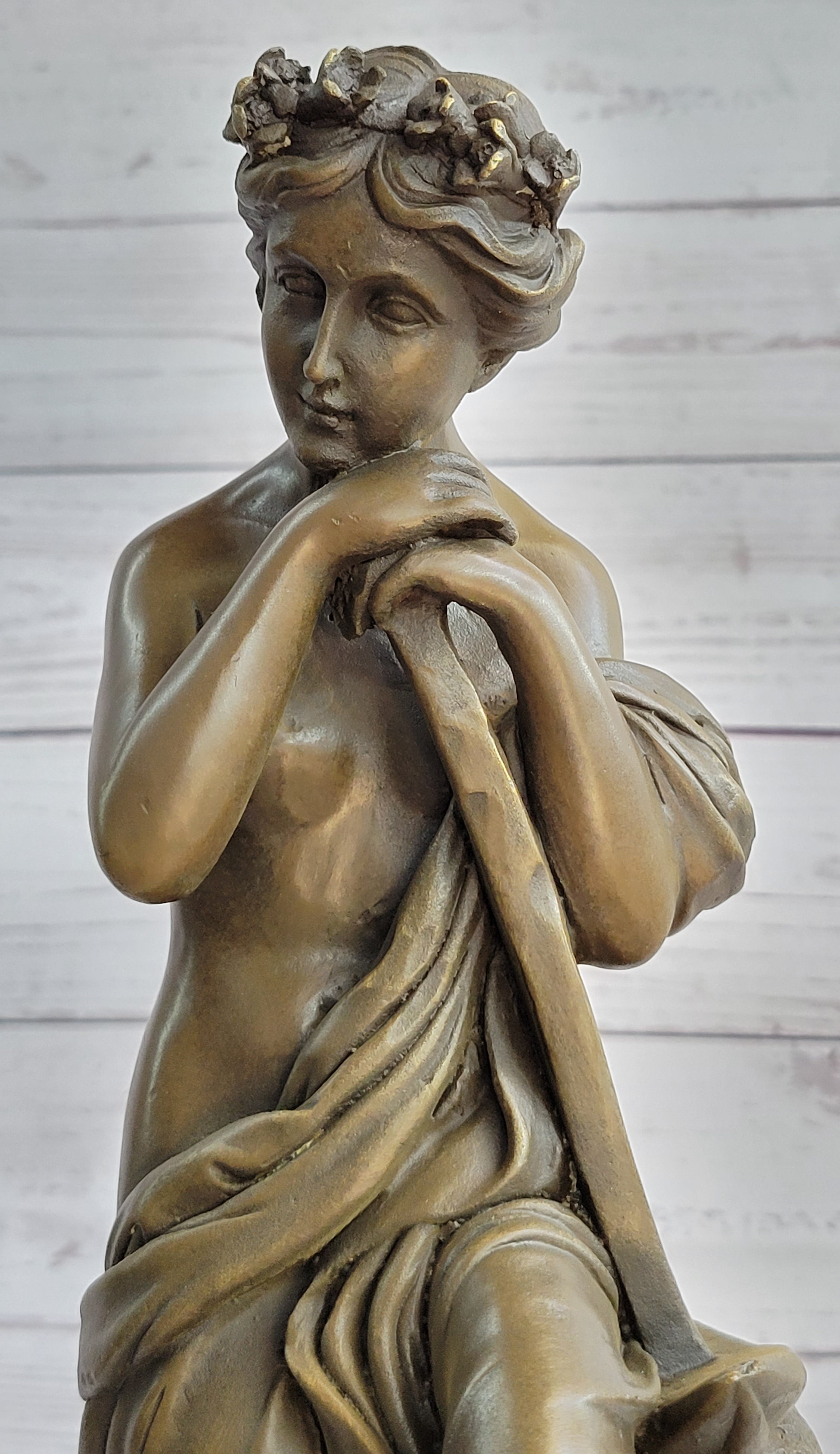 Semi Nude Female Greek Goddess Woman Holding Pickaxe Bronze Metal Statue Sculpture on Marble Base 16" x 5"