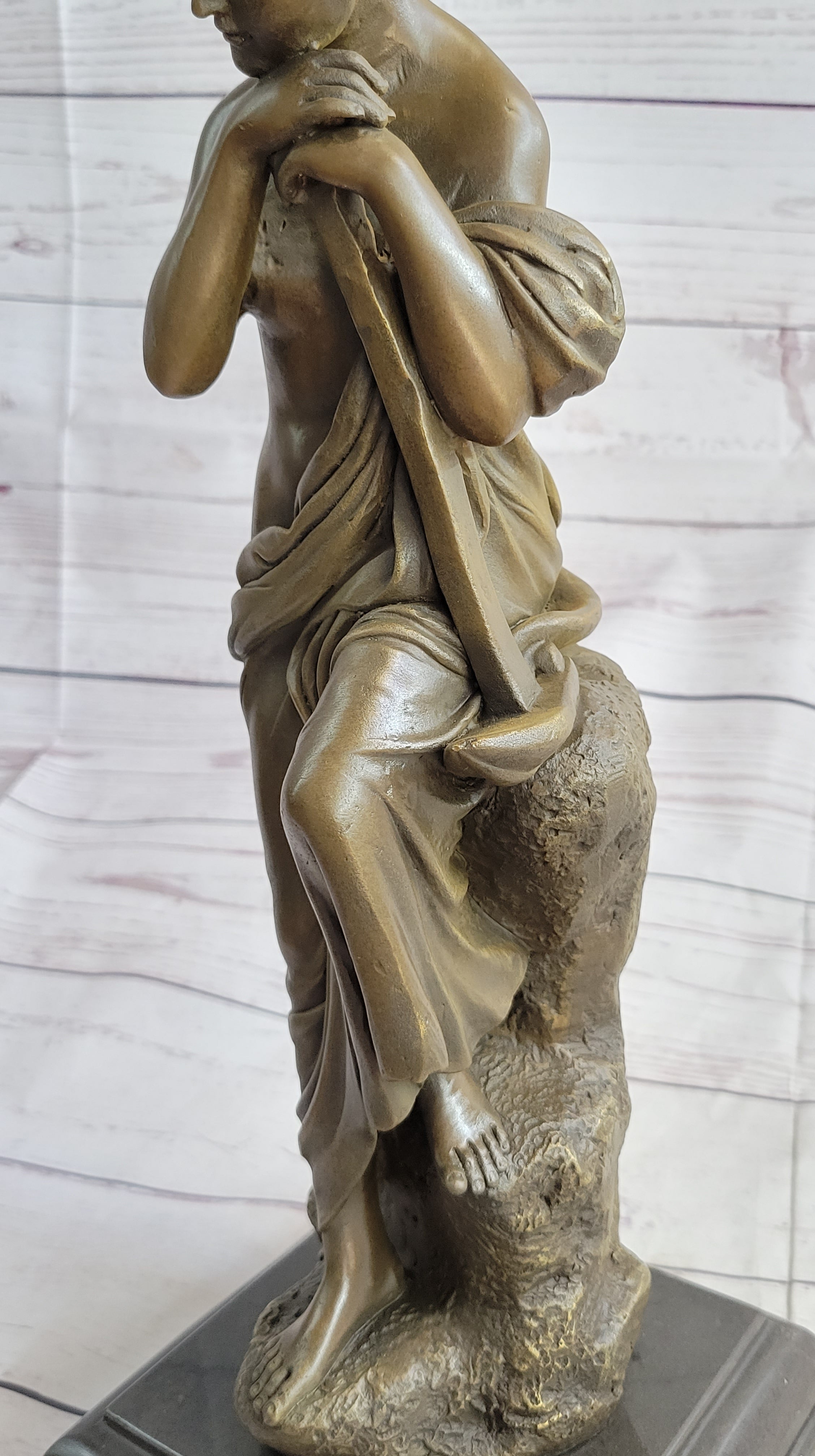 Semi Nude Female Greek Goddess Woman Holding Pickaxe Bronze Metal Statue Sculpture on Marble Base 16" x 5"