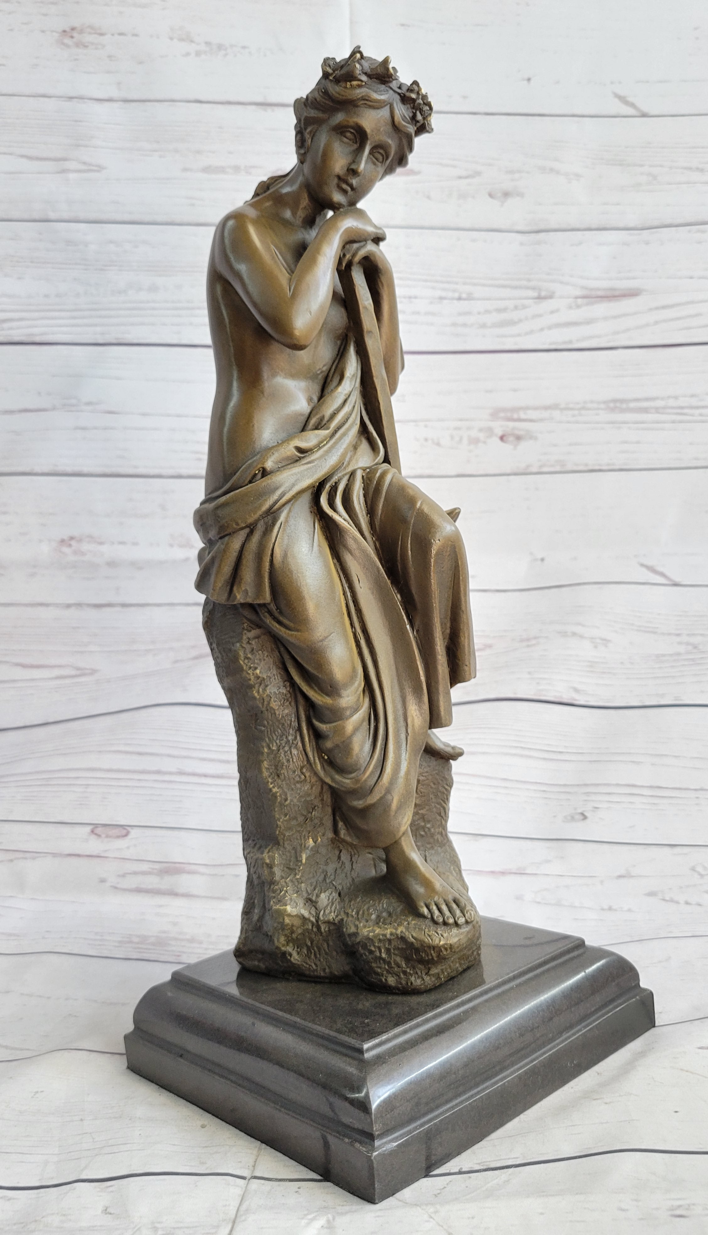 Semi Nude Female Greek Goddess Woman Holding Pickaxe Bronze Metal Statue Sculpture on Marble Base 16" x 5"
