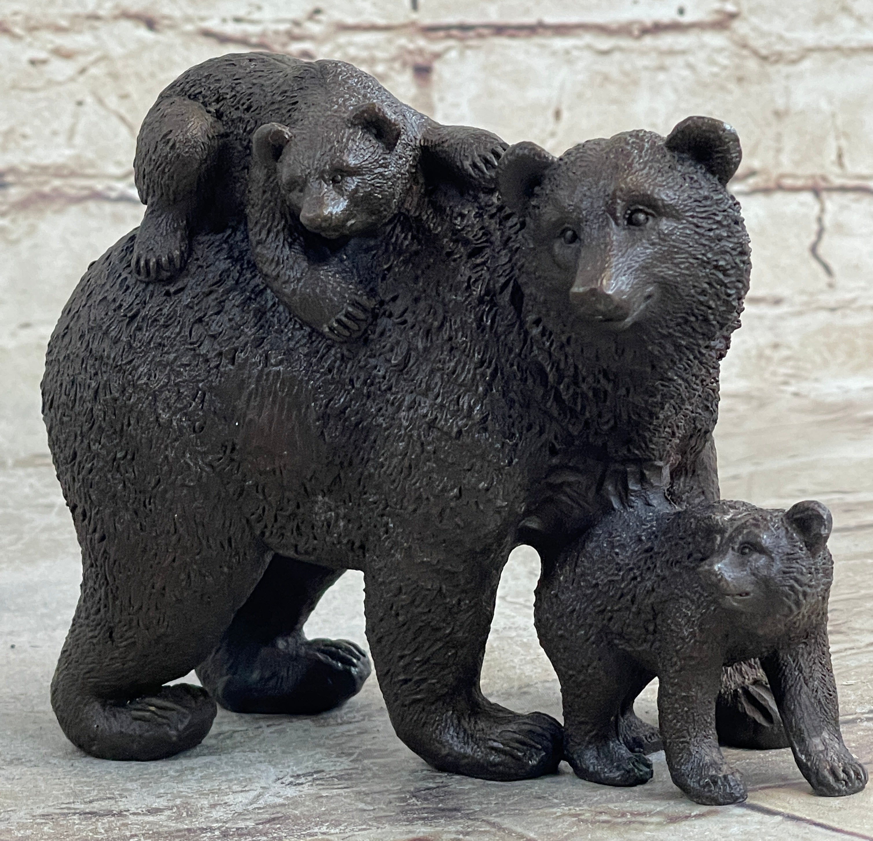 Signed Happy Grizzly Bear Family Bronze Sculpture Art Deco