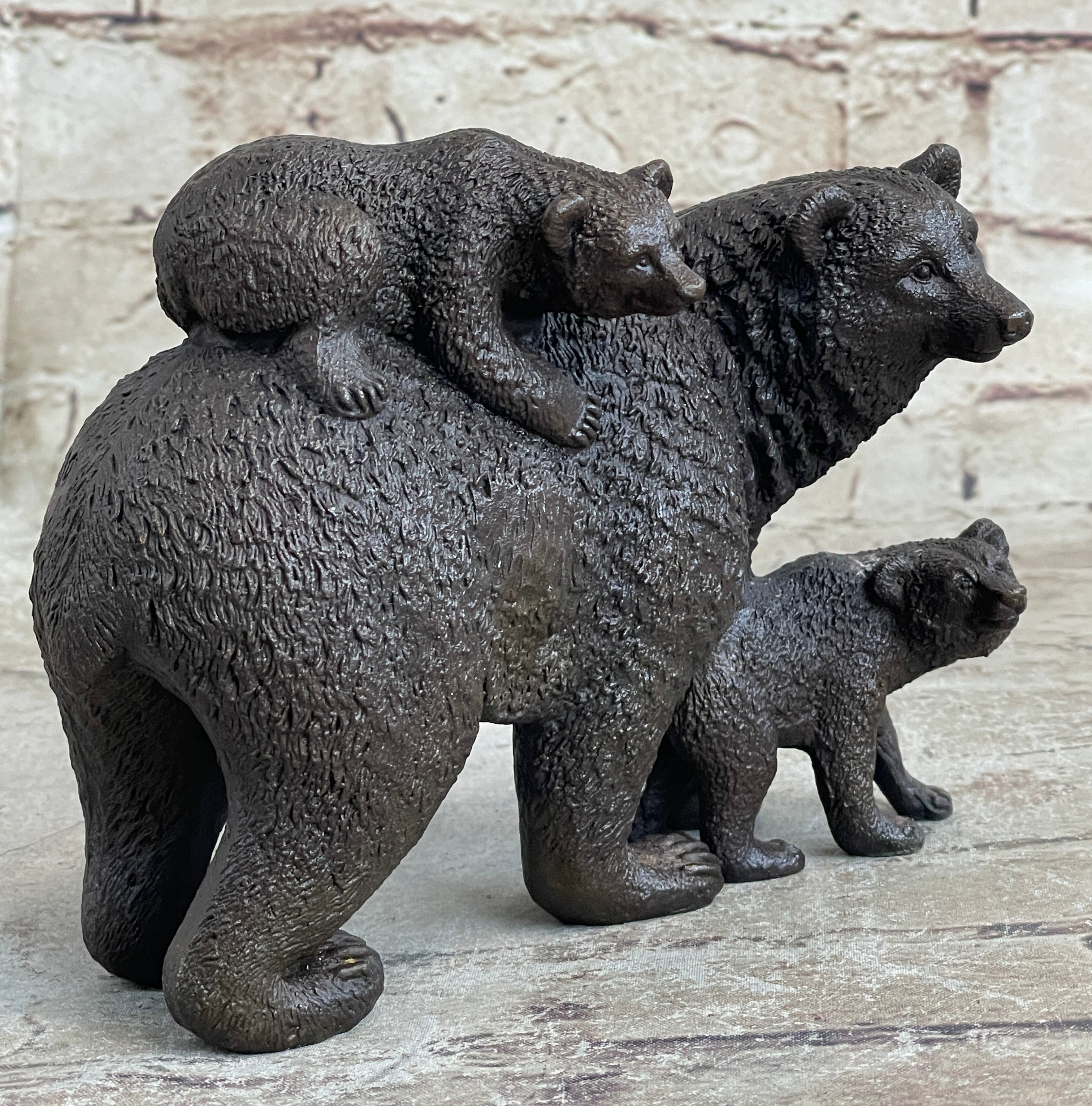 Signed Happy Grizzly Bear Family Bronze Sculpture Art Deco