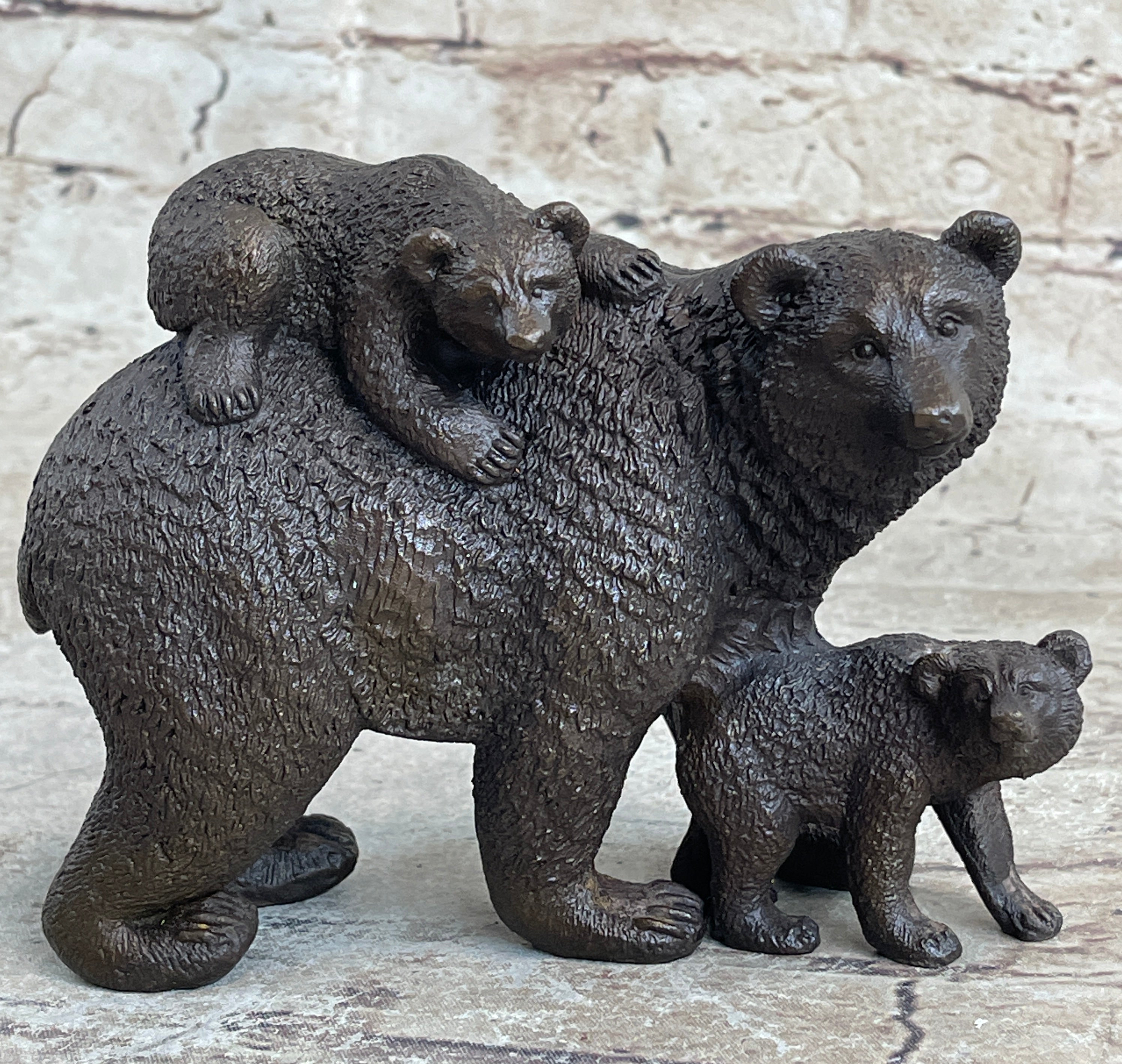 Signed Happy Grizzly Bear Family Bronze Sculpture Art Deco