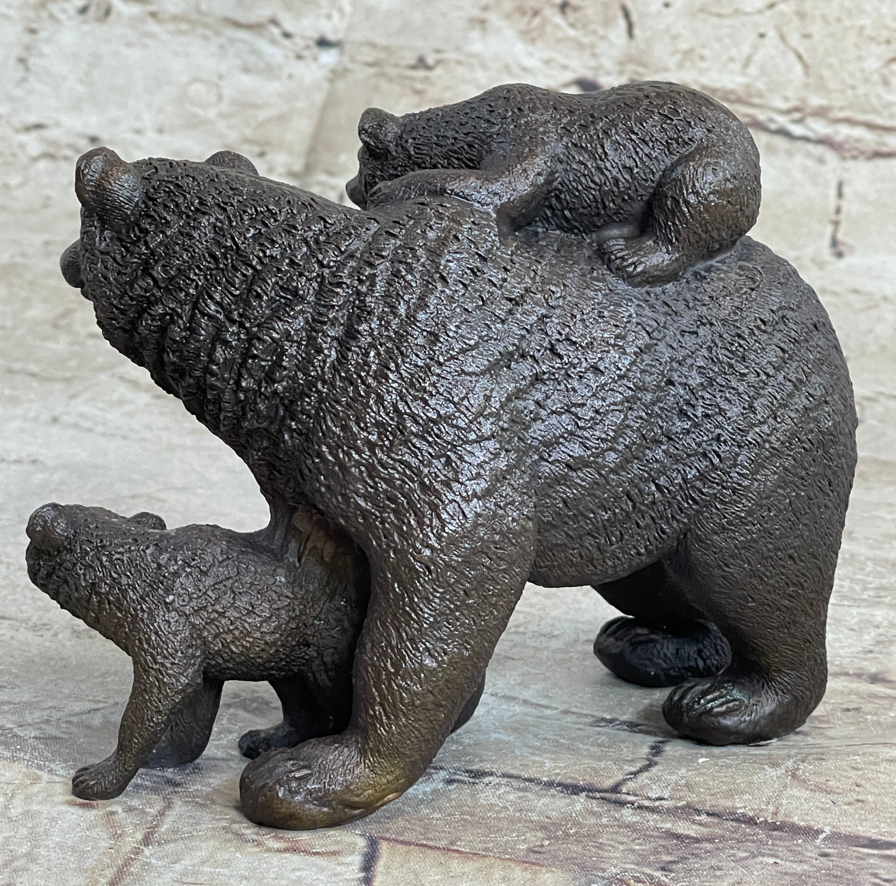 Signed Happy Grizzly Bear Family Bronze Sculpture Art Deco
