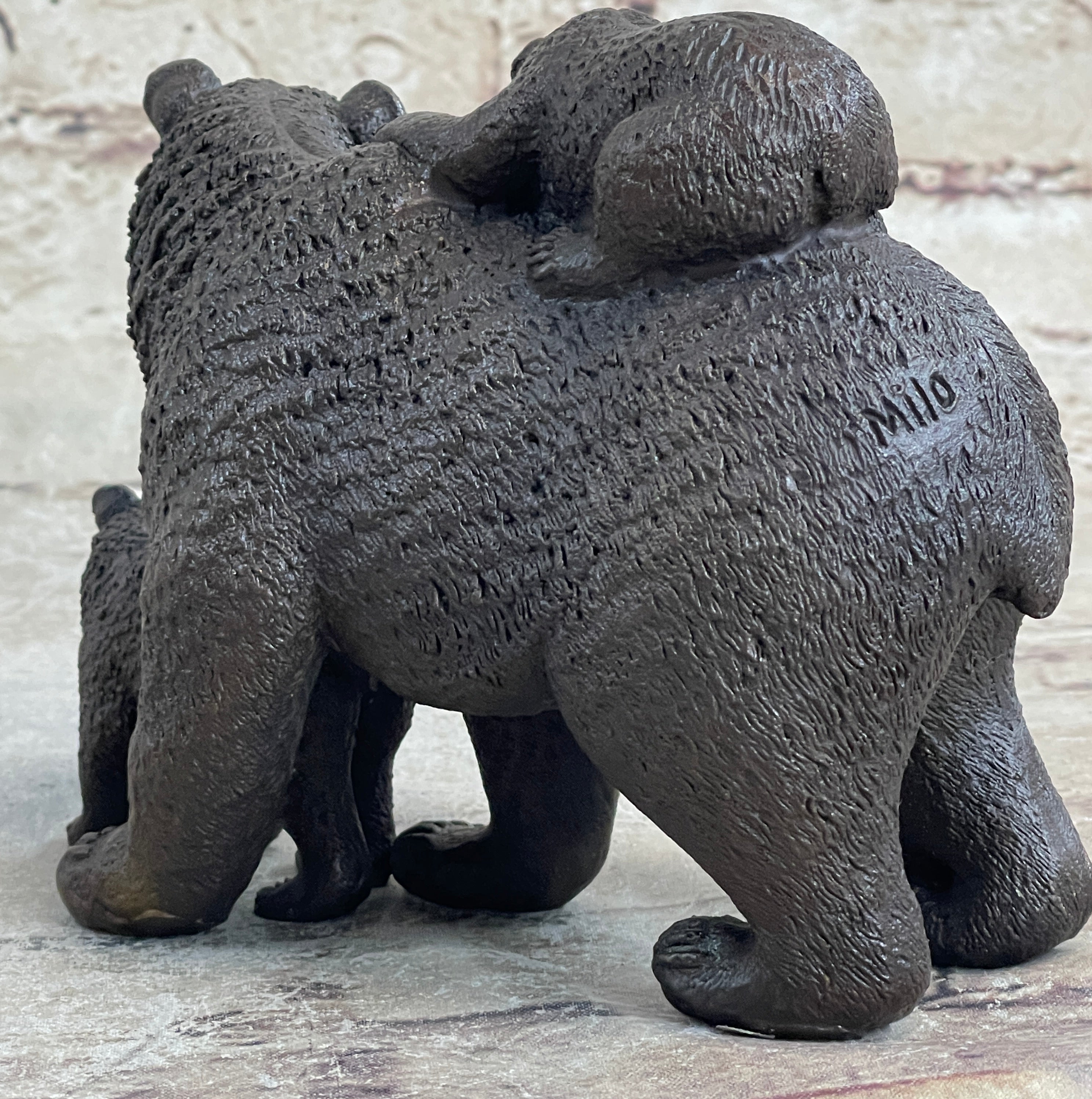 Signed Happy Grizzly Bear Family Bronze Sculpture Art Deco