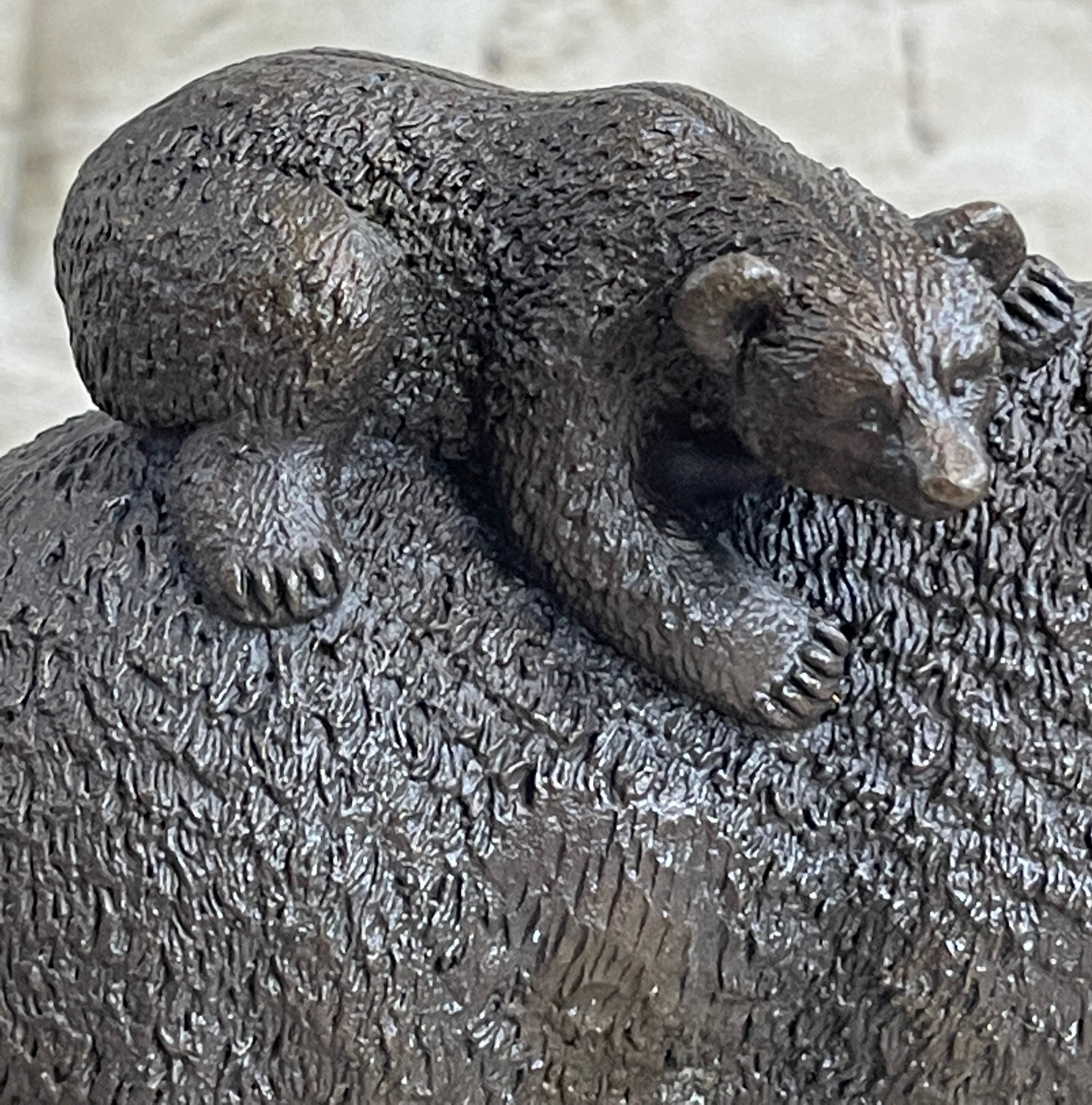 Signed Happy Grizzly Bear Family Bronze Sculpture Art Deco