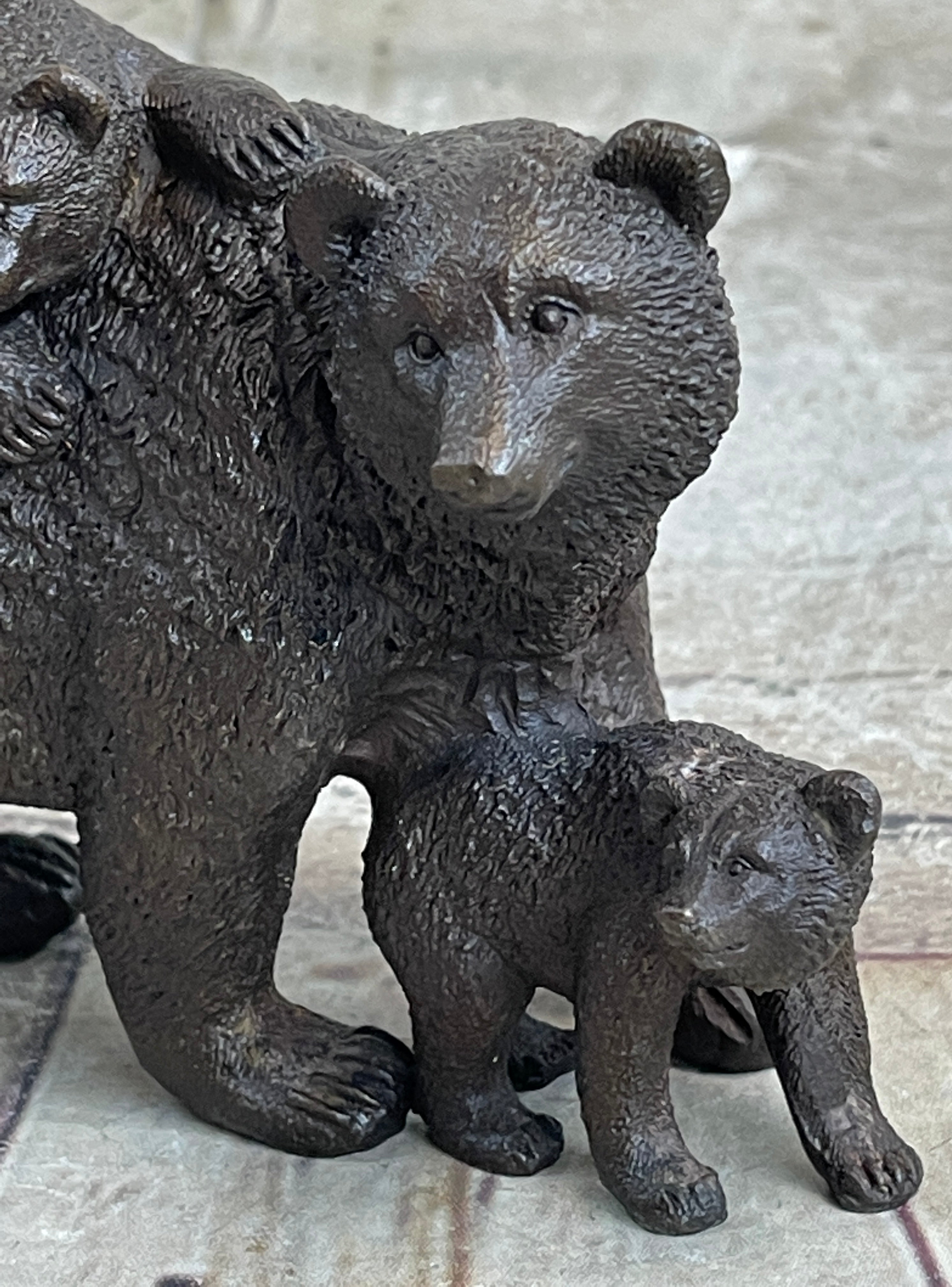 Signed Happy Grizzly Bear Family Bronze Sculpture Art Deco