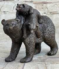 Young Cubs on Mother Bear 100% Solid Bronze Sculpture