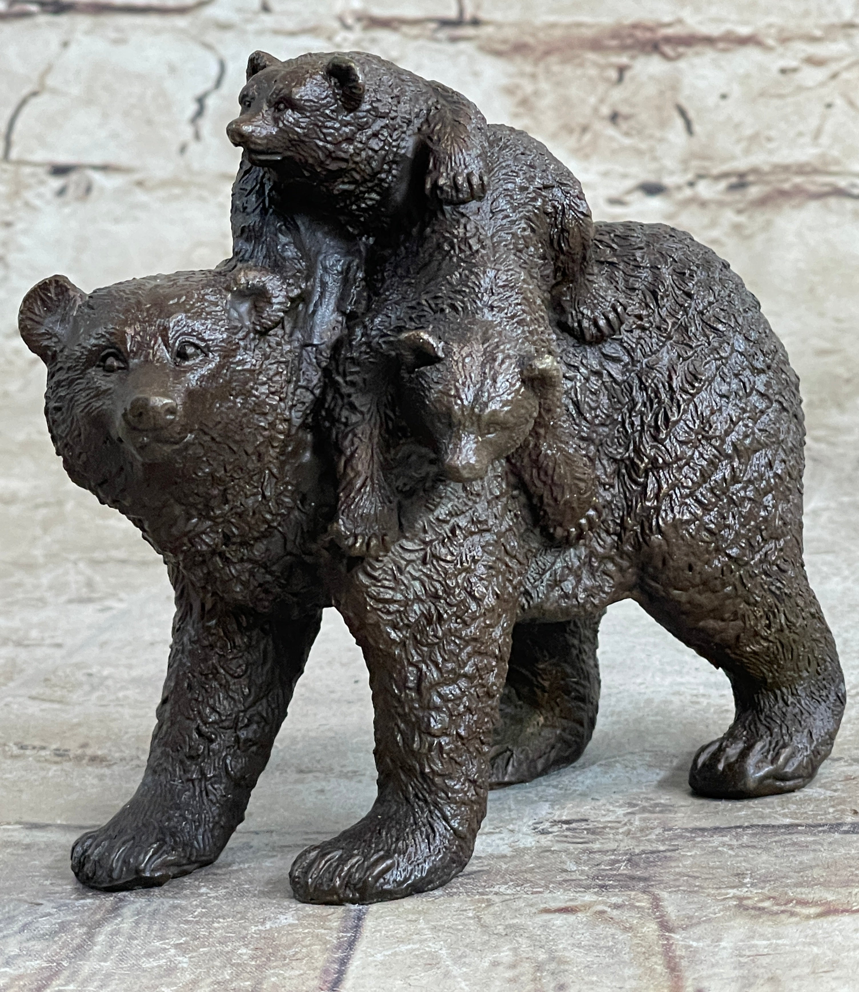 Young Cubs on Mother Bear 100% Solid Bronze Sculpture