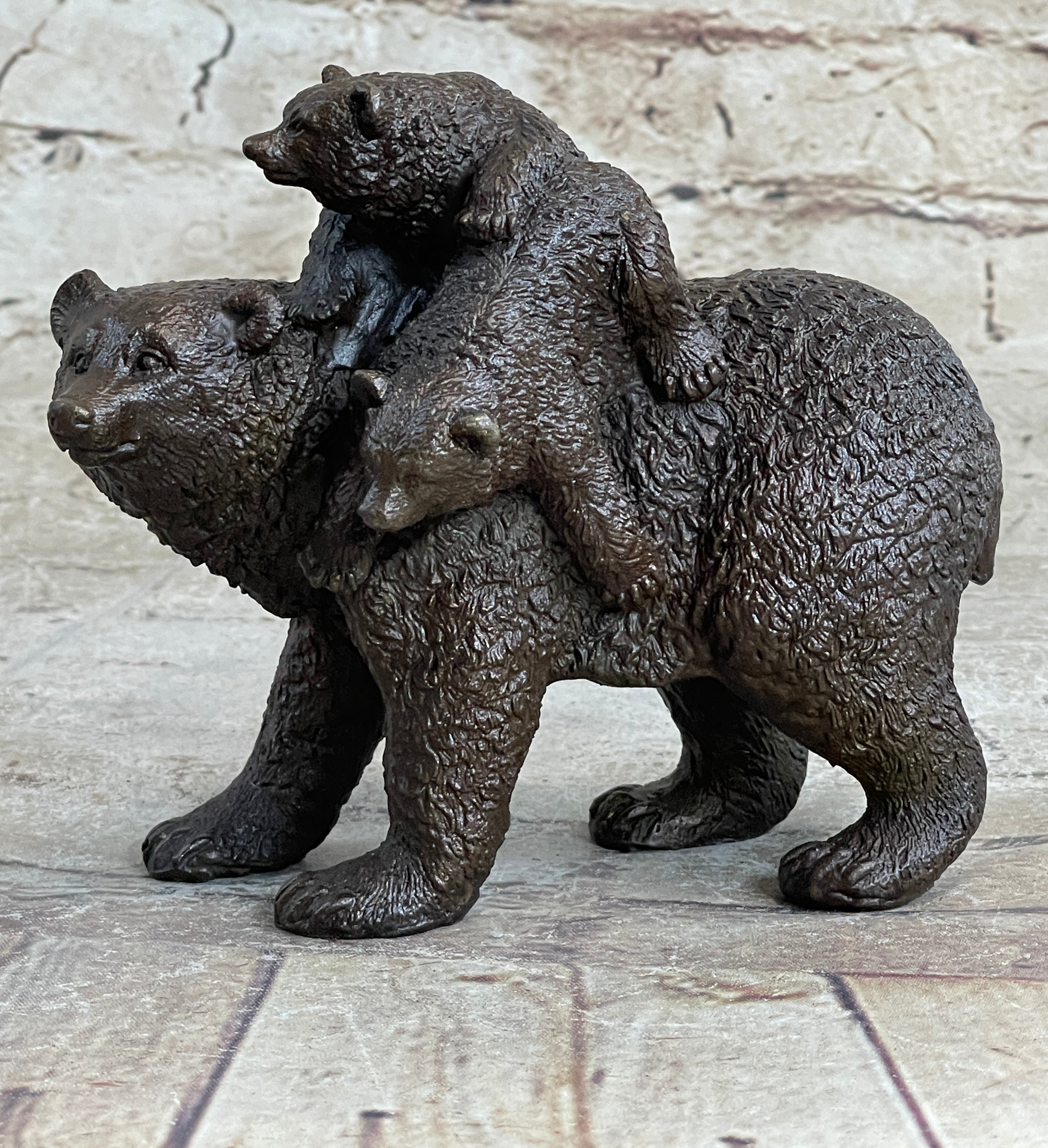 Young Cubs on Mother Bear 100% Solid Bronze Sculpture