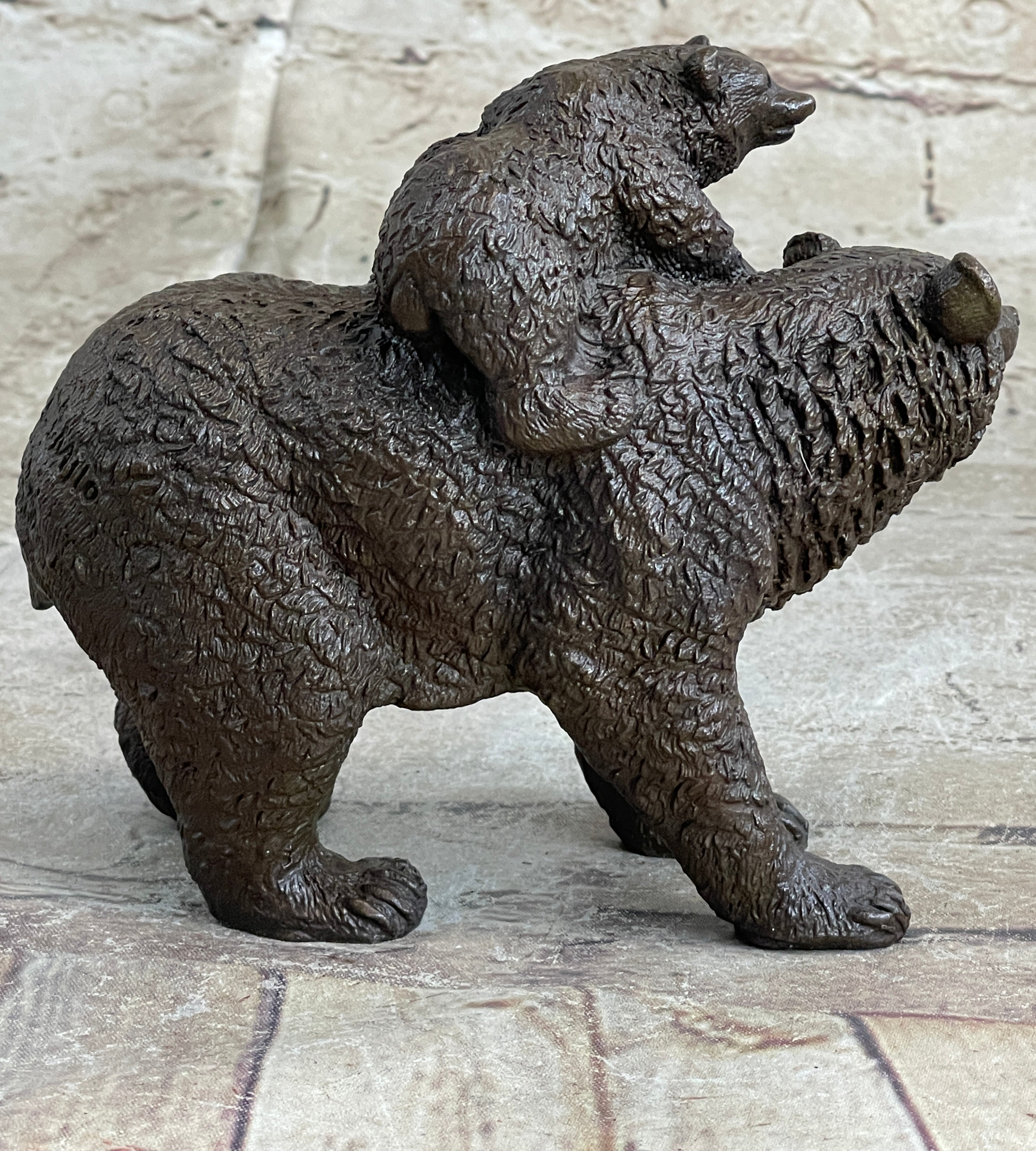 Young Cubs on Mother Bear 100% Solid Bronze Sculpture