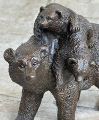 Young Cubs on Mother Bear 100% Solid Bronze Sculpture