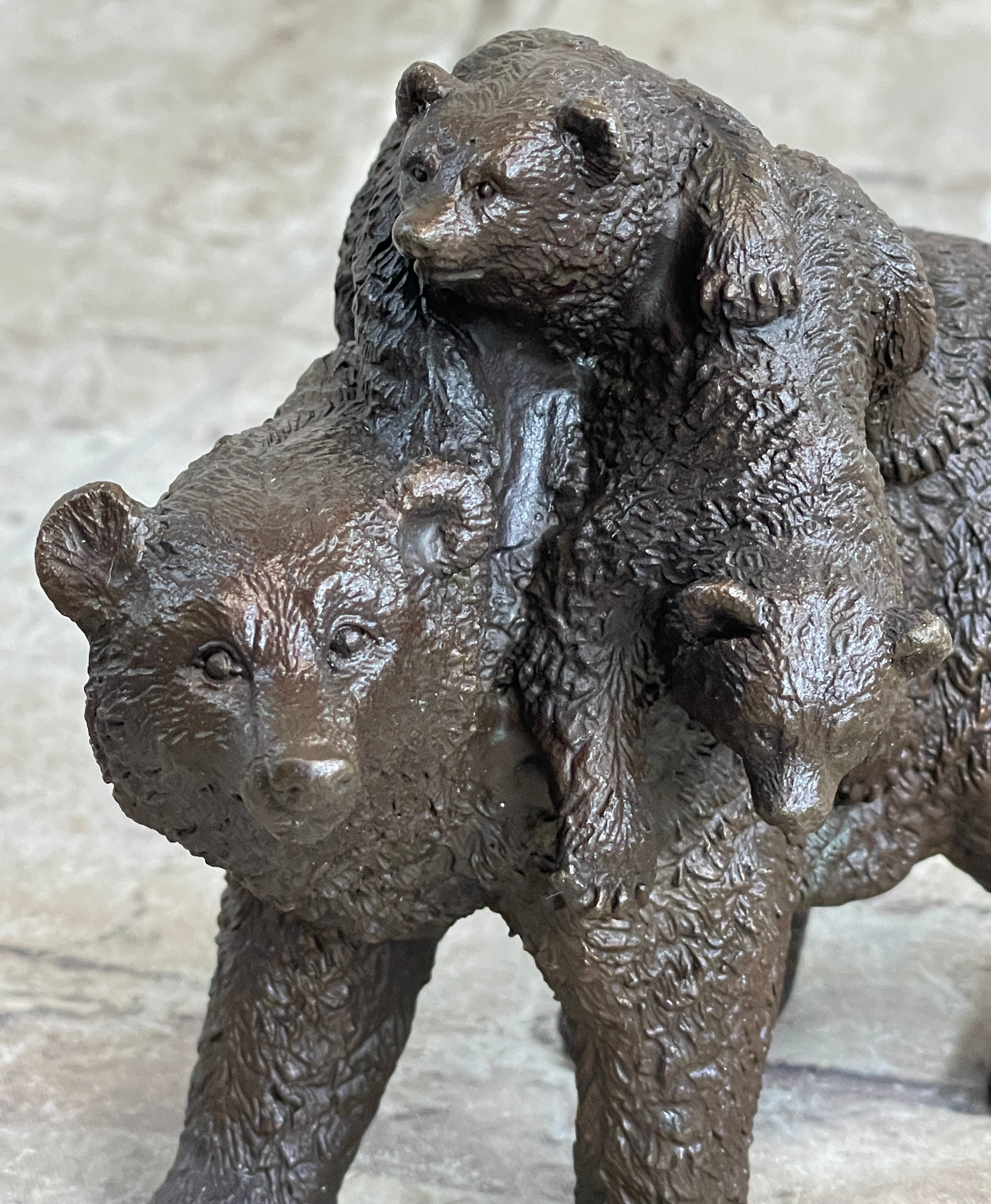 Young Cubs on Mother Bear 100% Solid Bronze Sculpture