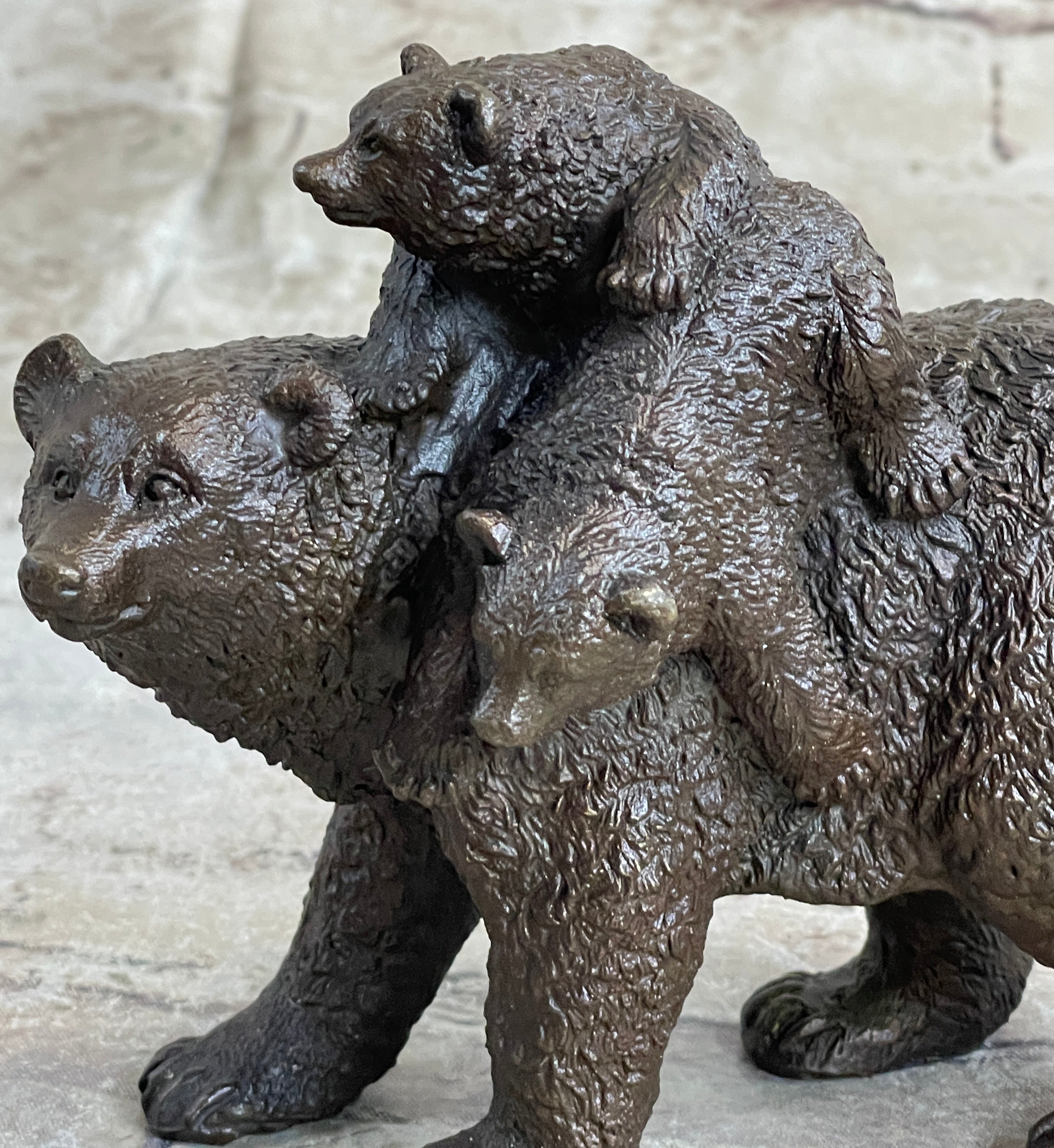 Young Cubs on Mother Bear 100% Solid Bronze Sculpture