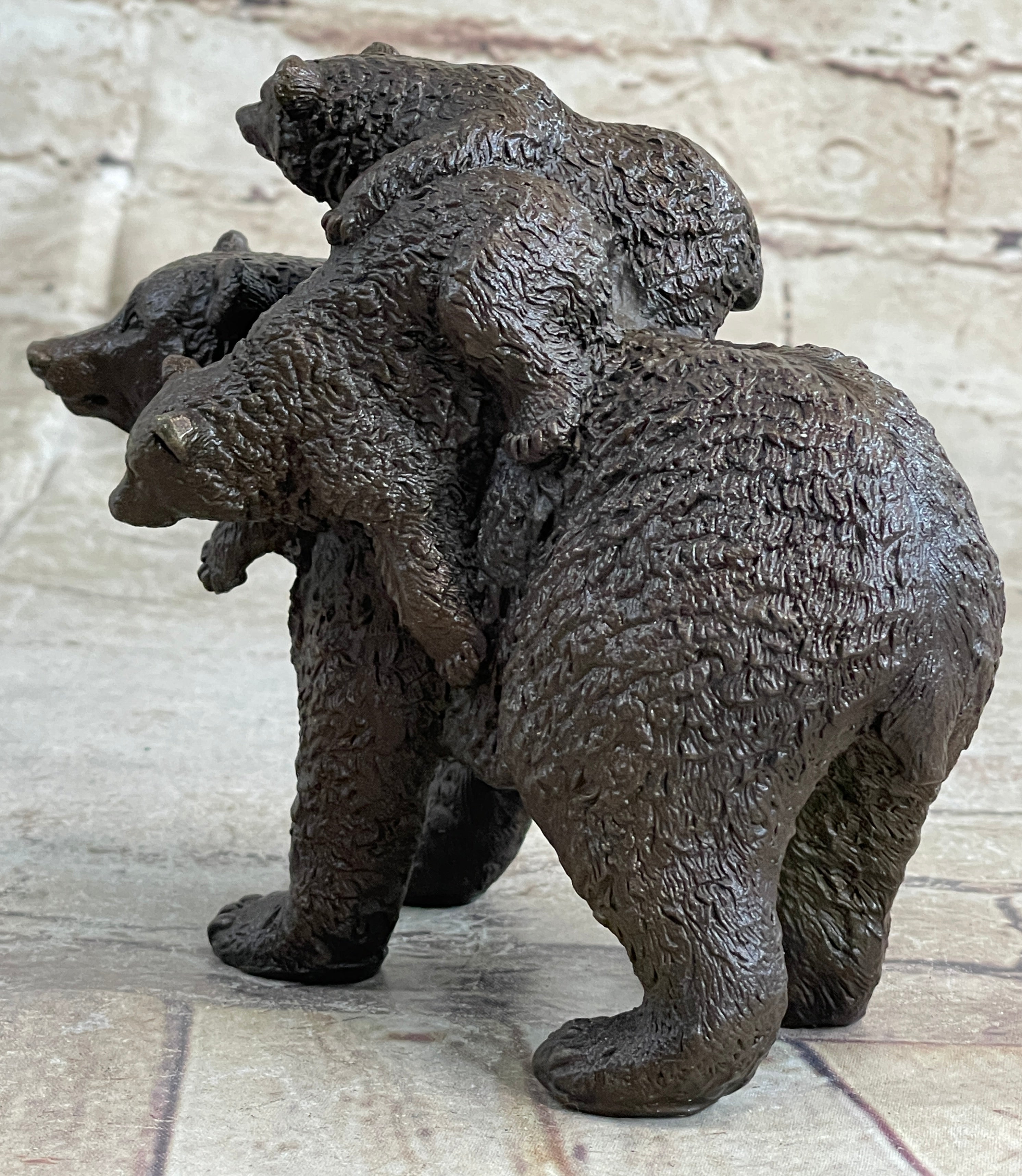 Young Cubs on Mother Bear 100% Solid Bronze Sculpture