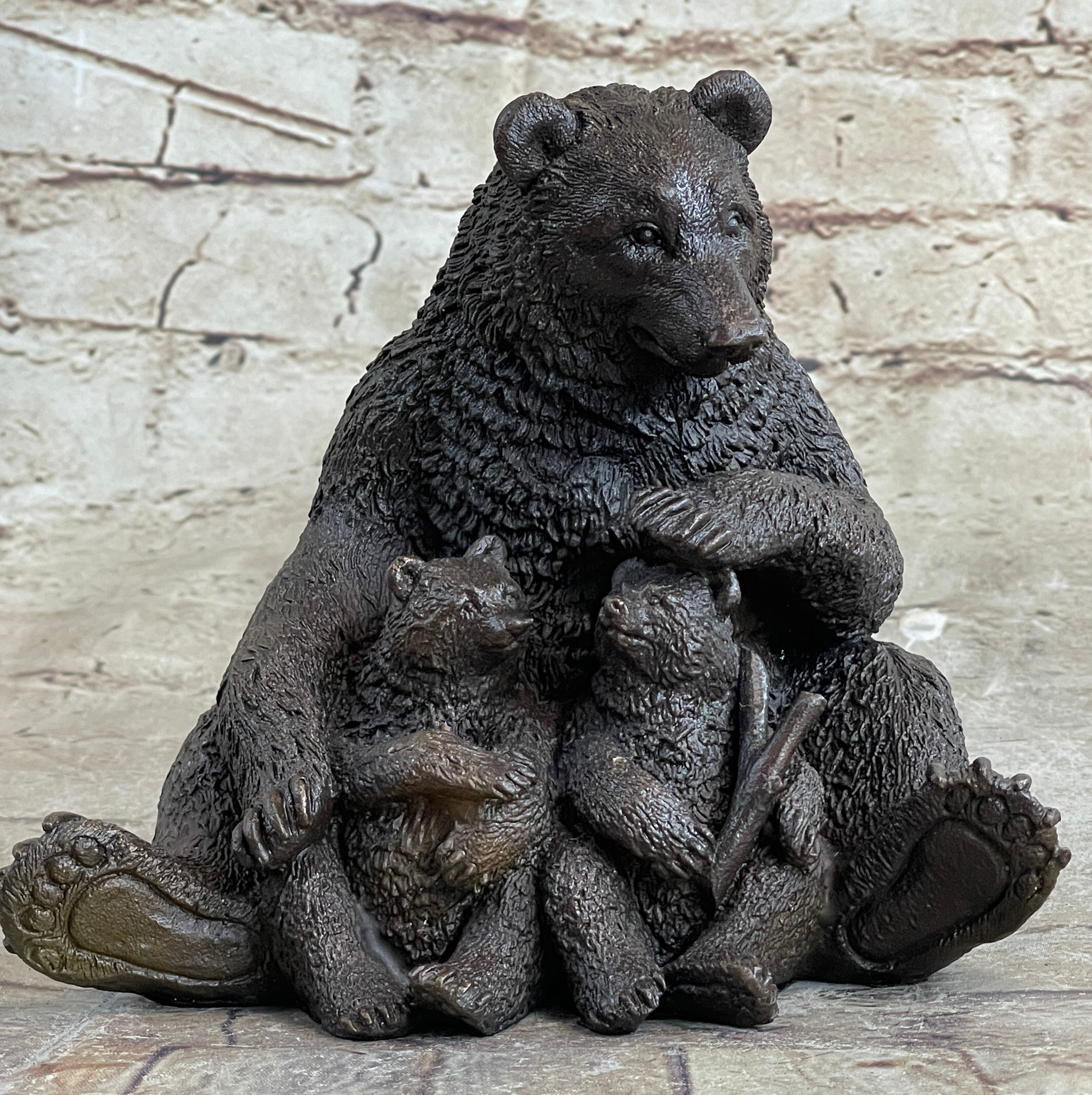 Mama Bear with Cubs Bronze Metal Sculpture Signed Art