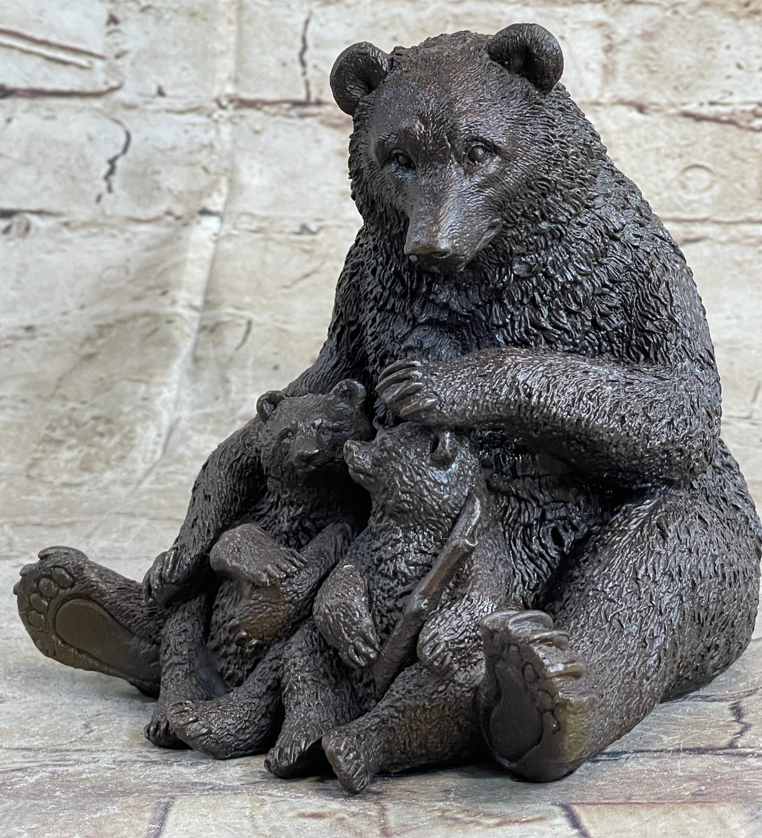Mama Bear with Cubs Bronze Metal Sculpture Signed Art