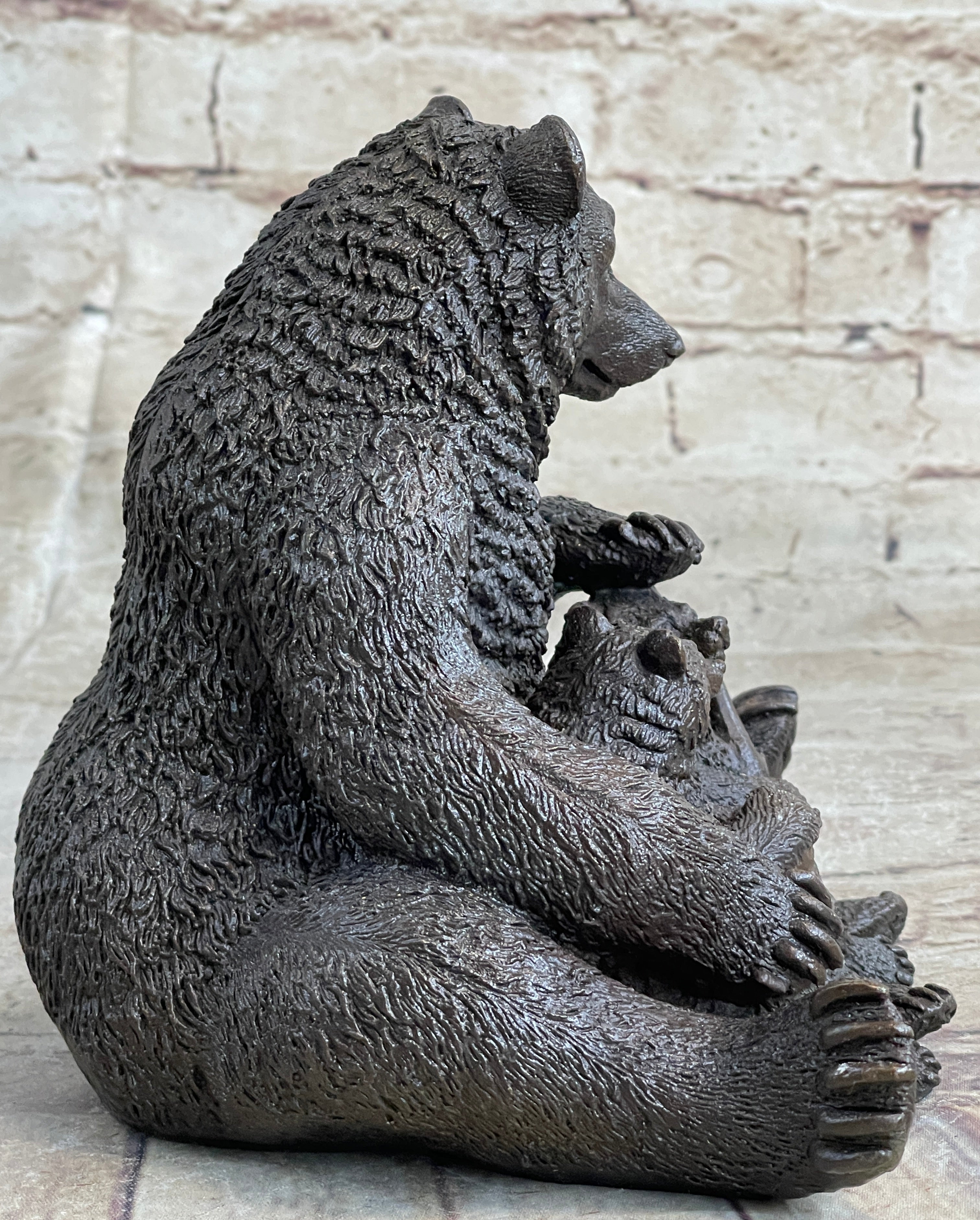 Mama Bear with Cubs Bronze Metal Sculpture Signed Art