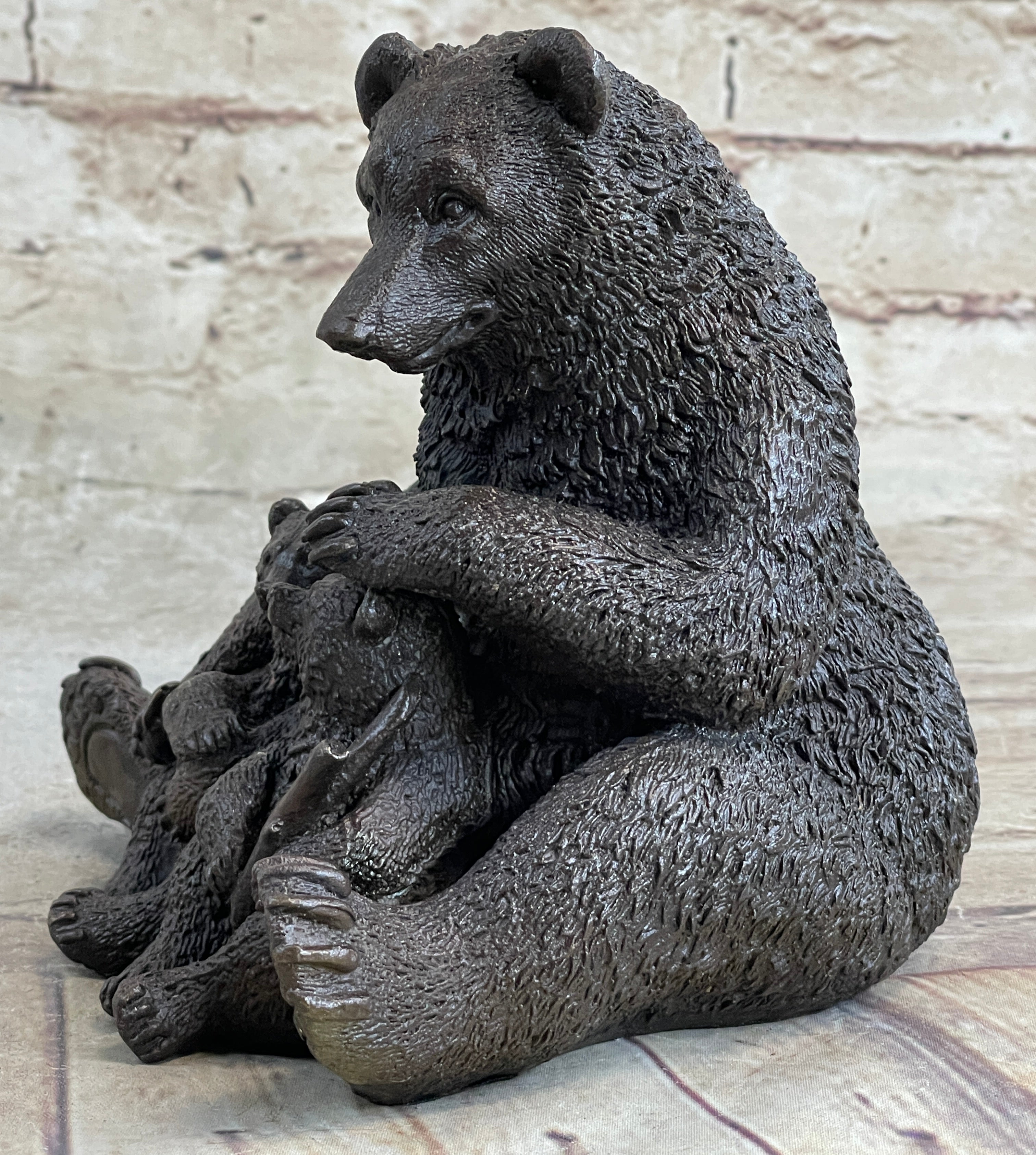 Mama Bear with Cubs Bronze Metal Sculpture Signed Art
