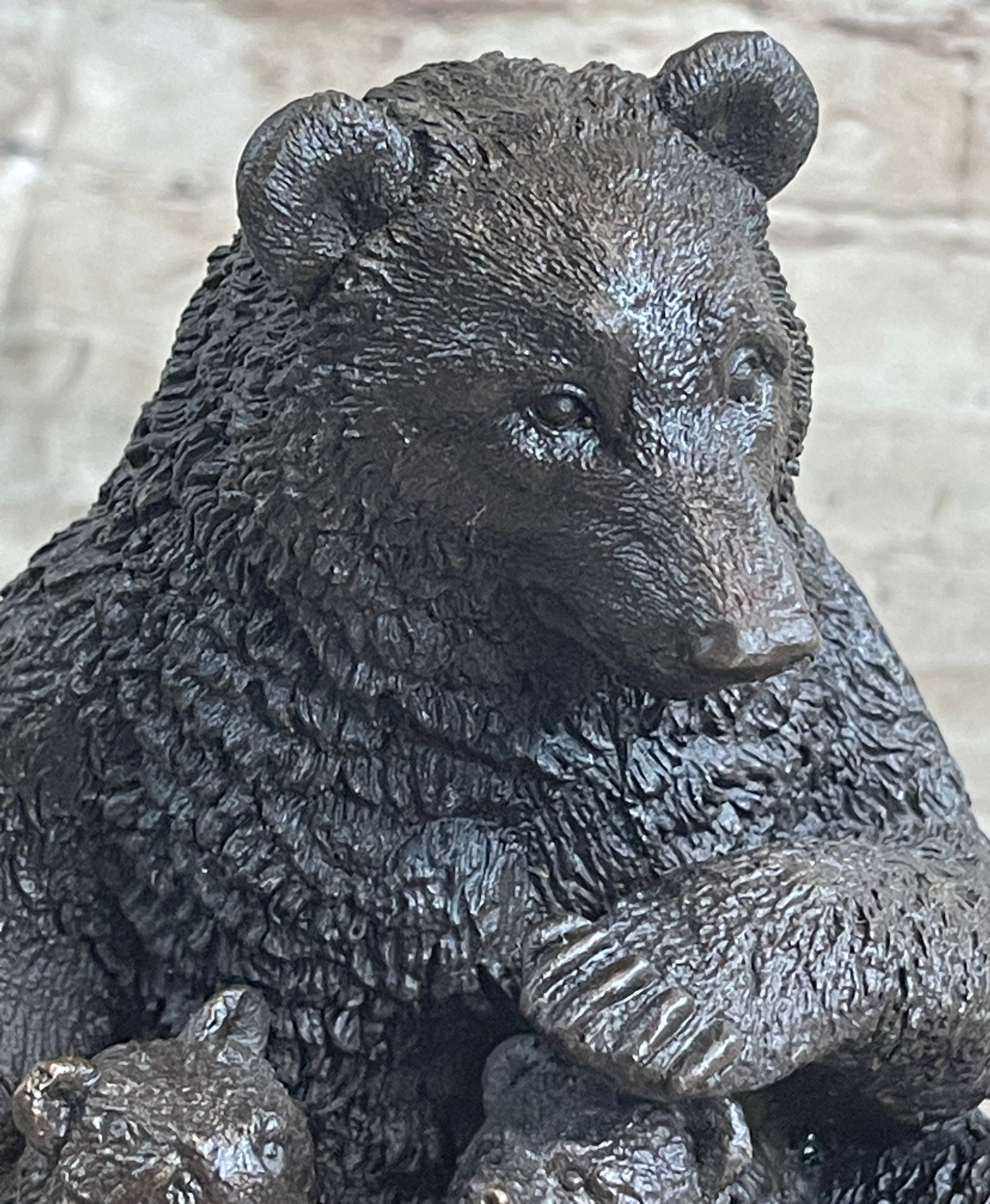 Mama Bear with Cubs Bronze Metal Sculpture Signed Art