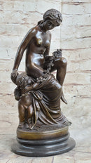Nude Nymph Girl w/ Cherub Boy Hot Cast Bronze Sculpture on Marble Base