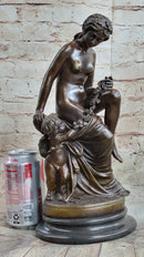 Nude Nymph Girl w/ Cherub Boy Hot Cast Bronze Sculpture on Marble Base