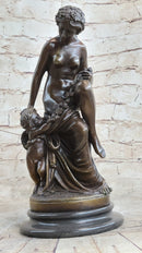 Nude Nymph Girl w/ Cherub Boy Hot Cast Bronze Sculpture on Marble Base