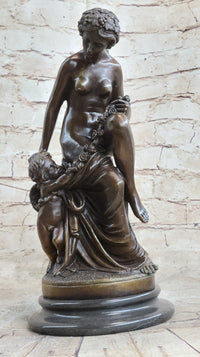 Nude Nymph Girl w/ Cherub Boy Hot Cast Bronze Sculpture on Marble Base