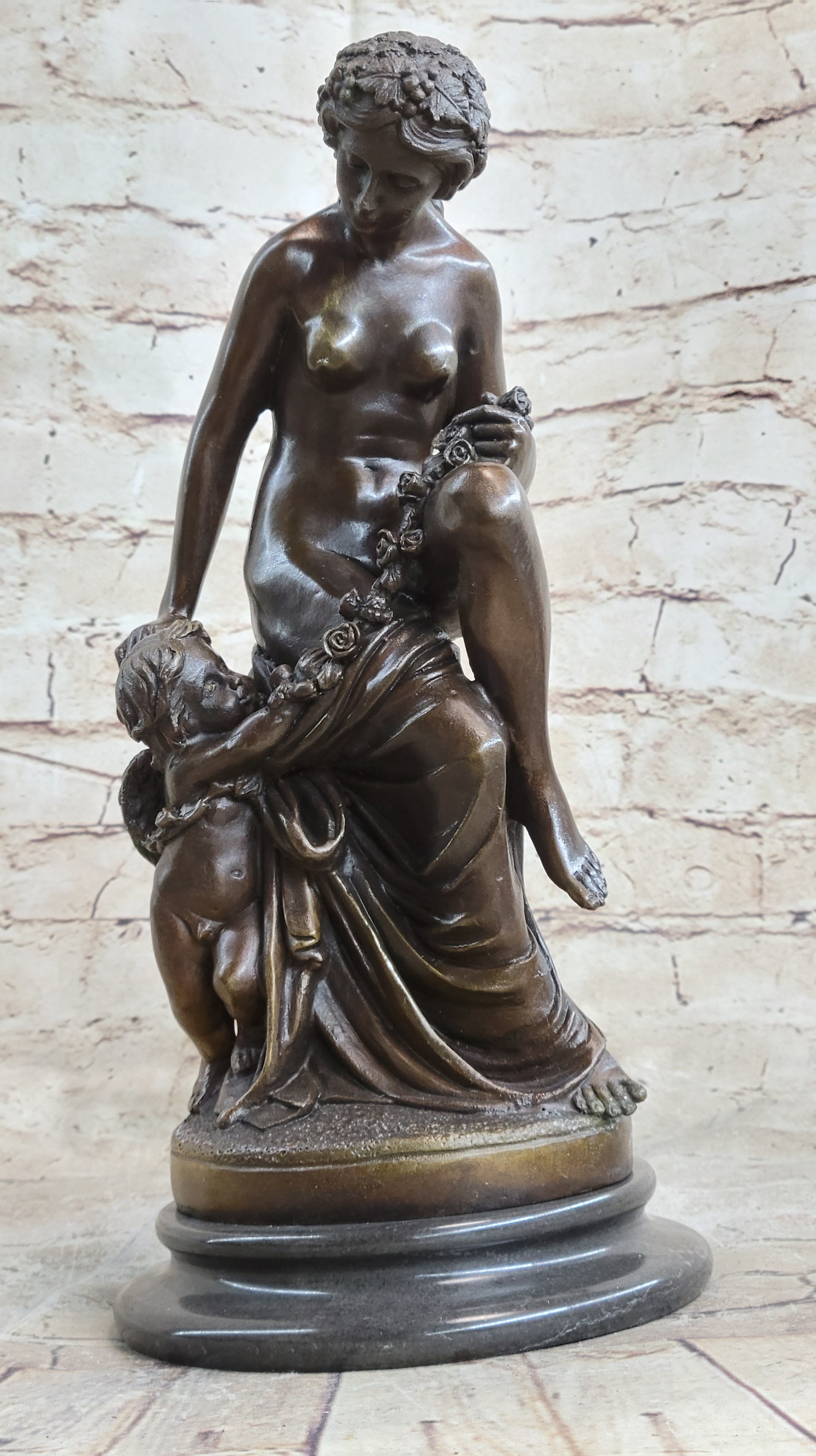 Nude Nymph Girl w/ Cherub Boy Hot Cast Bronze Sculpture on Marble Base