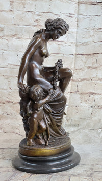 Nude Nymph Girl w/ Cherub Boy Hot Cast Bronze Sculpture on Marble Base