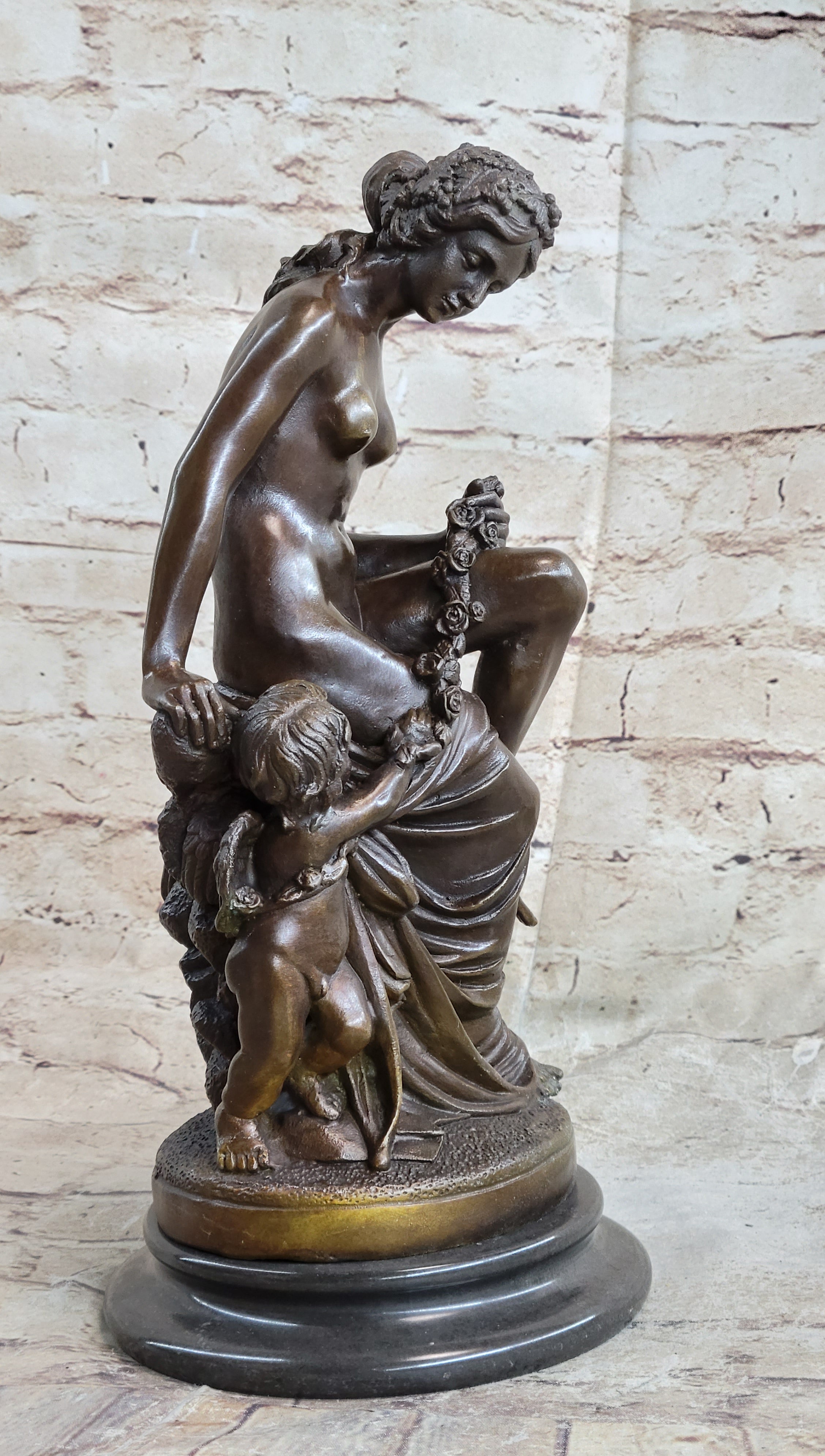 Nude Nymph Girl w/ Cherub Boy Hot Cast Bronze Sculpture on Marble Base
