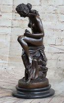 Nude Nymph Girl w/ Cherub Boy Hot Cast Bronze Sculpture on Marble Base