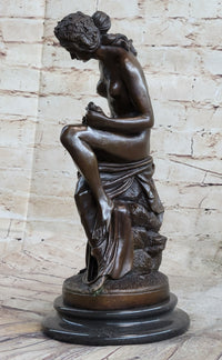 Nude Nymph Girl w/ Cherub Boy Hot Cast Bronze Sculpture on Marble Base