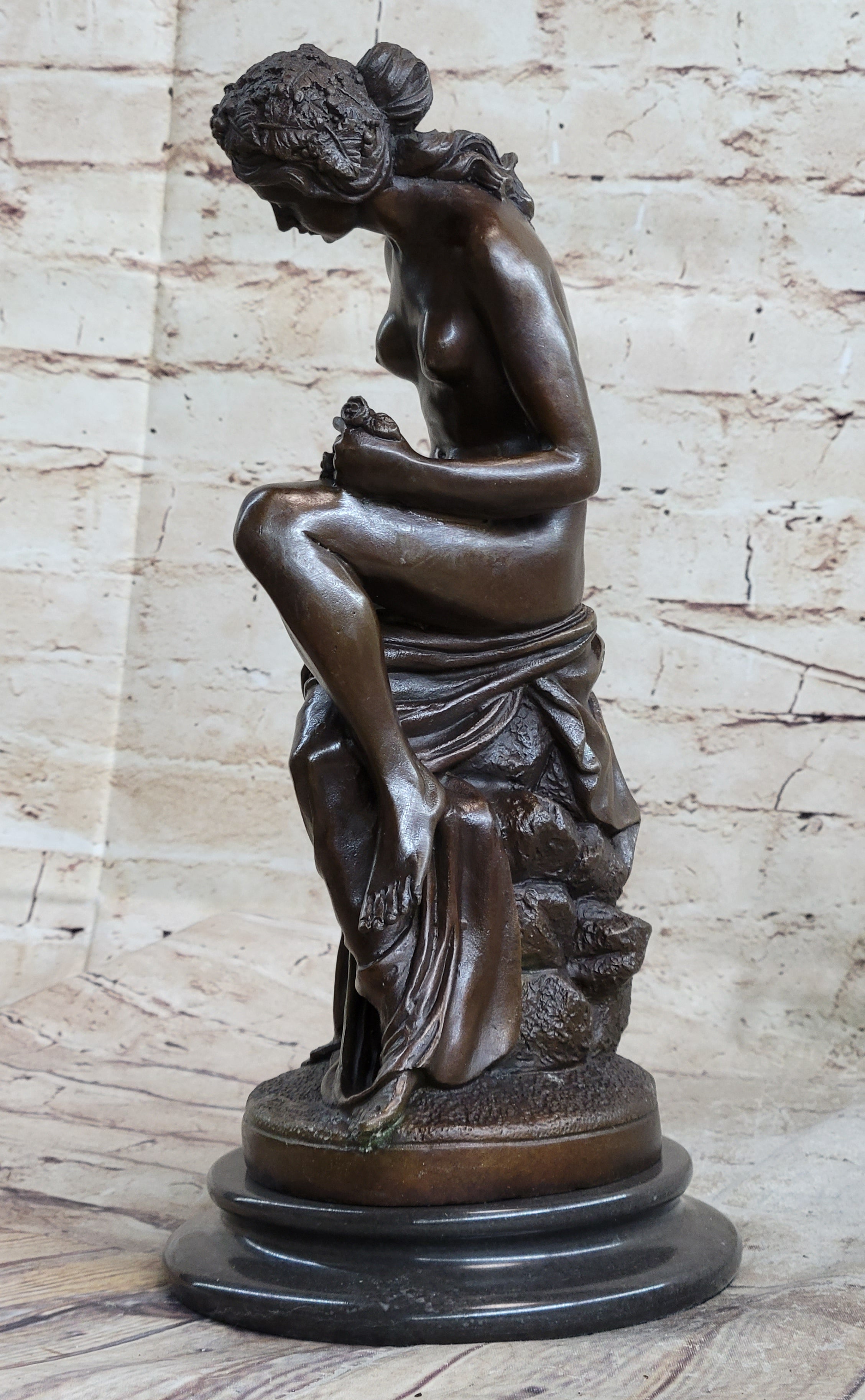 Nude Nymph Girl w/ Cherub Boy Hot Cast Bronze Sculpture on Marble Base
