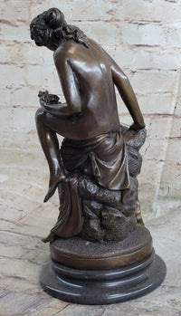 Nude Nymph Girl w/ Cherub Boy Hot Cast Bronze Sculpture on Marble Base