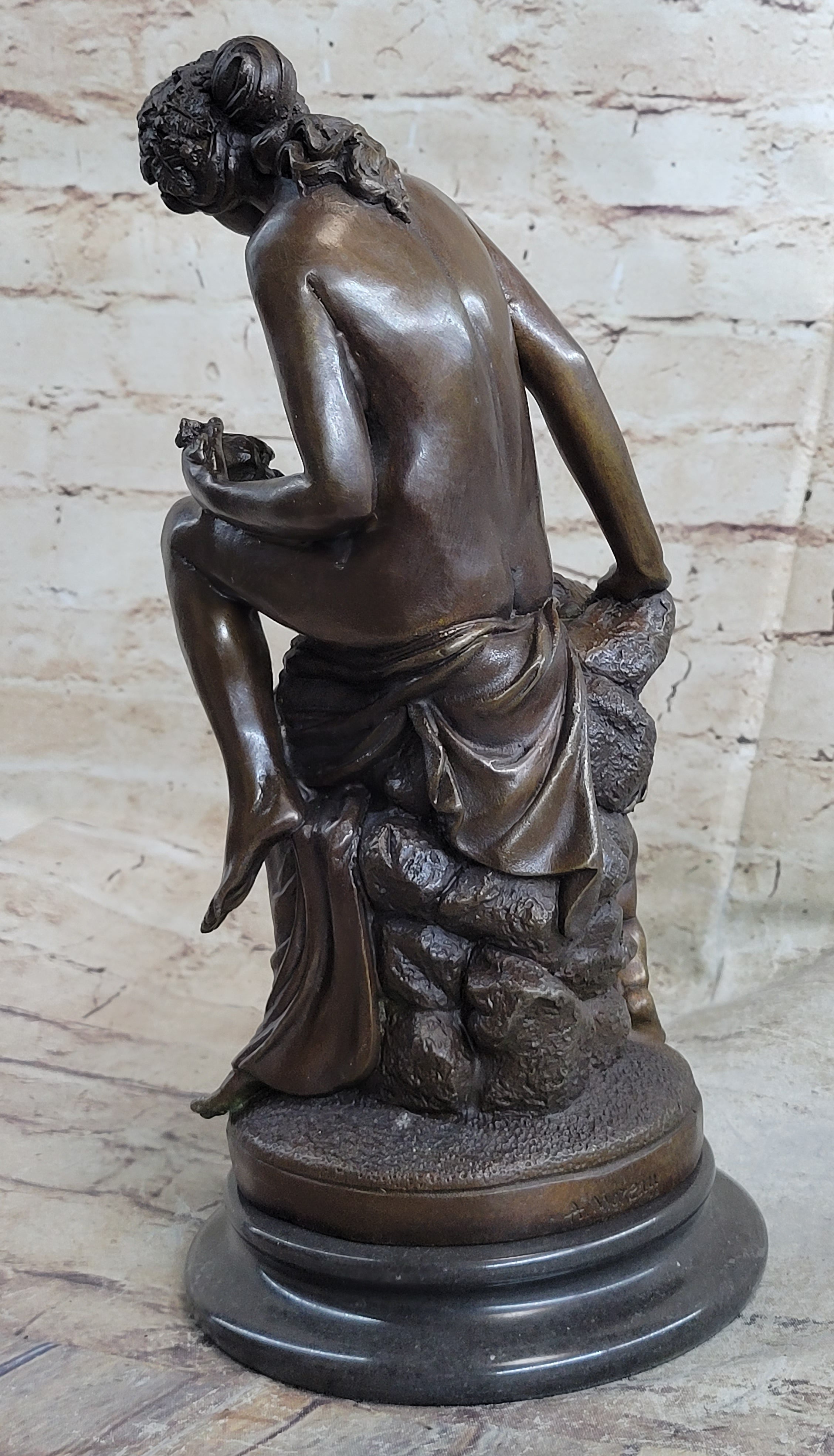 Nude Nymph Girl w/ Cherub Boy Hot Cast Bronze Sculpture on Marble Base