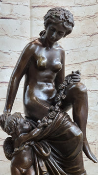 Nude Nymph Girl w/ Cherub Boy Hot Cast Bronze Sculpture on Marble Base
