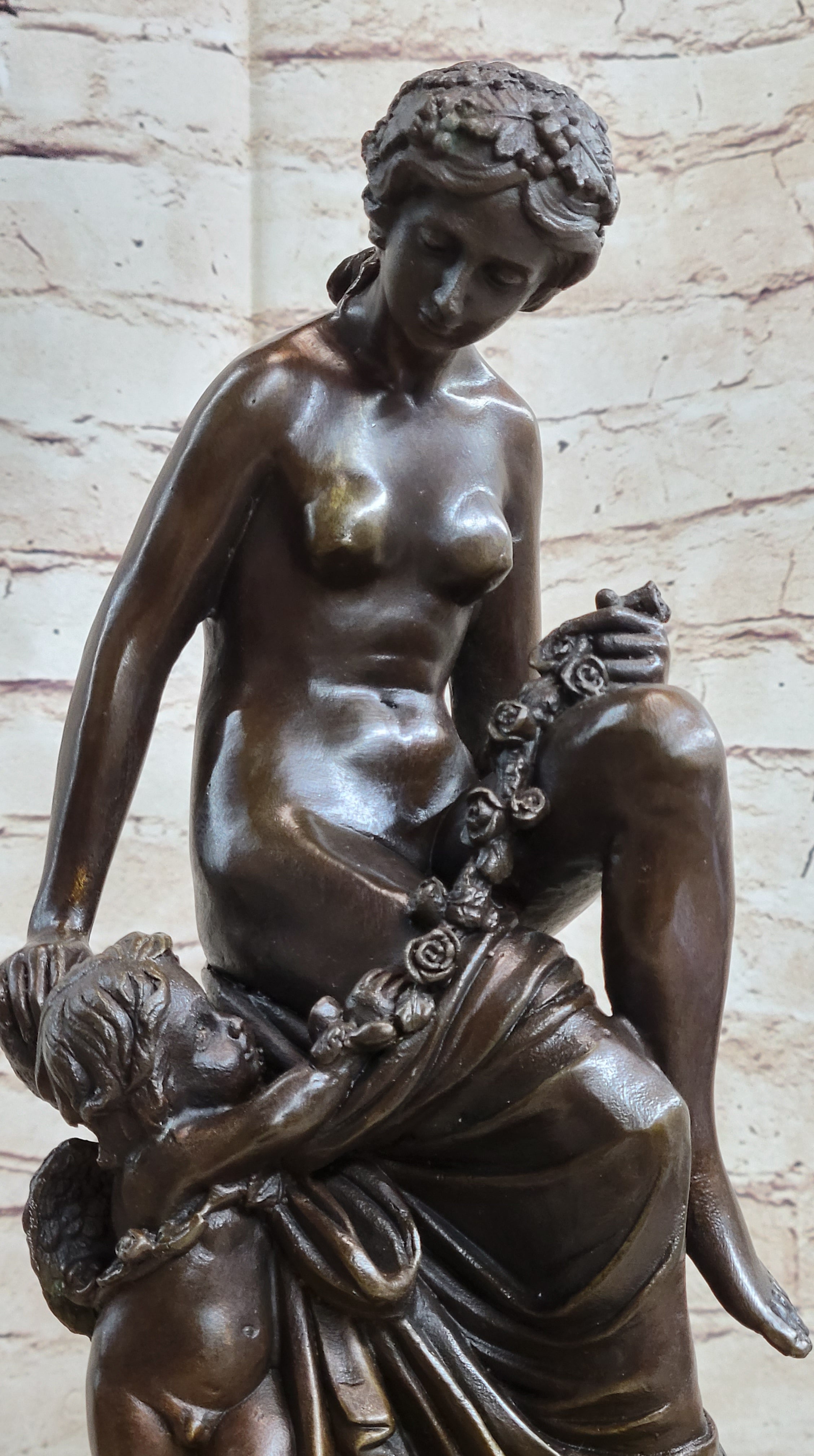Nude Nymph Girl w/ Cherub Boy Hot Cast Bronze Sculpture on Marble Base