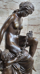 Nude Nymph Girl w/ Cherub Boy Hot Cast Bronze Sculpture on Marble Base