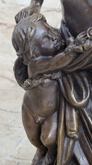 Nude Nymph Girl w/ Cherub Boy Hot Cast Bronze Sculpture on Marble Base